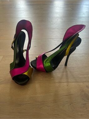 Georgina Goodman Metallic Pink Green Gold Slingback Stiletto Heels
